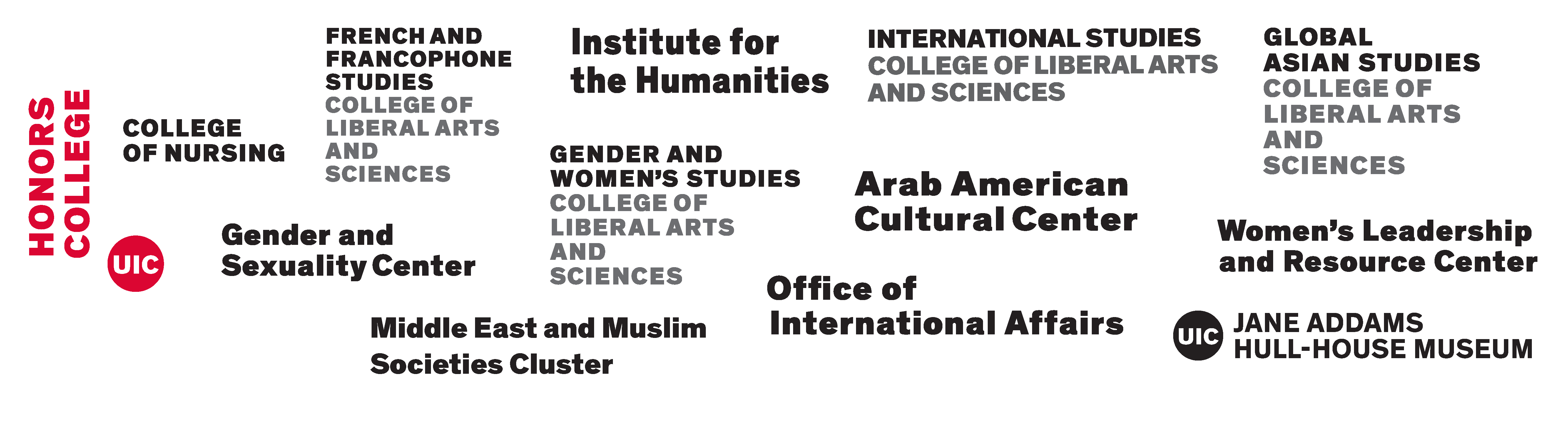 Logos of sponsors: UIC Honors College, UIC College of Nursing, Jane Addams Hull-House Museum, UIC History College of Liberal Arts and Sciences, UIC ROTC, UIC Institute of the Humanities, UIC School of Theatre & Music